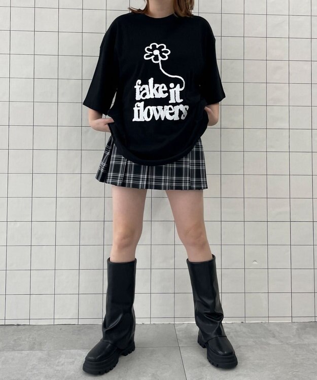 WEGO fake　it　flowersビッグT ブラック