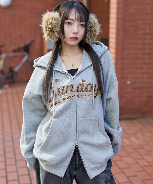 WEGO 【ユニセックス着用ITEM/SMLサイズ展開】レオパードワッペンダブルZIPパーカー 杢グレー