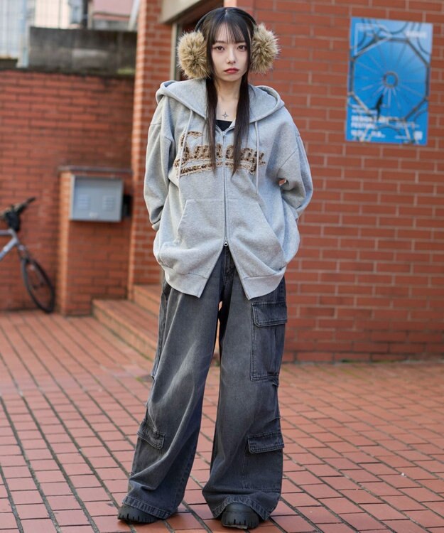 WEGO 【ユニセックス着用ITEM/SMLサイズ展開】レオパードワッペンダブルZIPパーカー 杢グレー