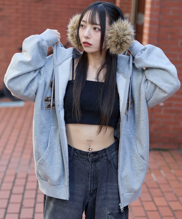 WEGO 【ユニセックス着用ITEM/SMLサイズ展開】レオパードワッペンダブルZIPパーカー 杢グレー