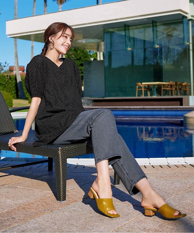 Tiaclasse 【2TYPE/総レース・袖レース】パンチングレースパフスリーブチュニックブラウス Aブラック(総レース）