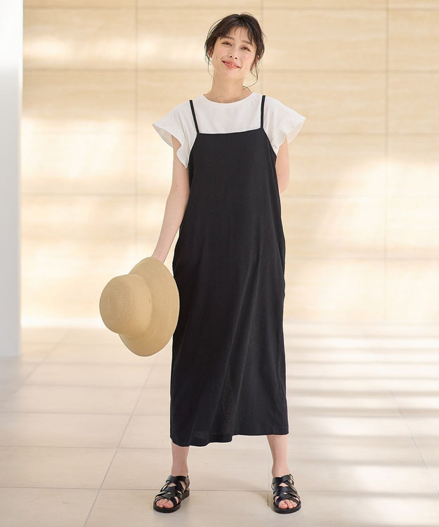 ANY 【2SET/洗濯機可】フリルスリーブTシャツ×シャーリングキャミワンピースセット ブラック