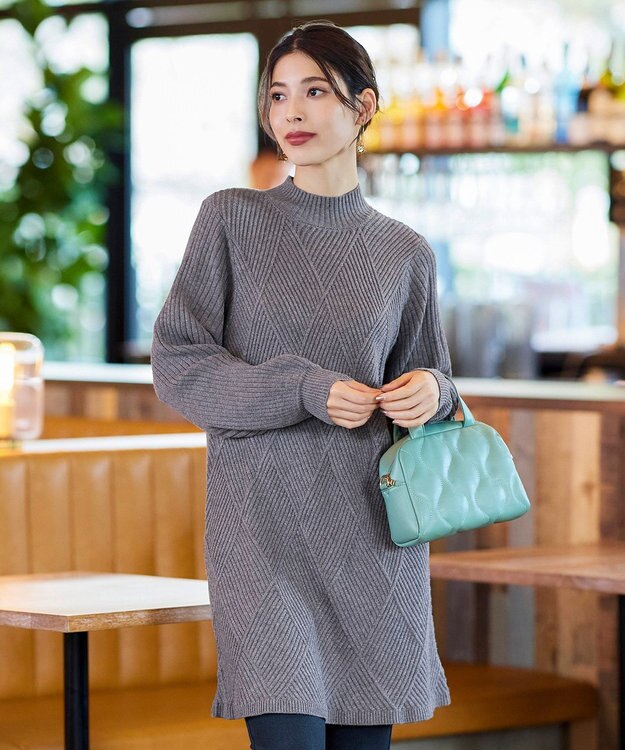 Tiaclasse L 【洗える】ダイヤ地柄ニットチュニック チャコールグレー