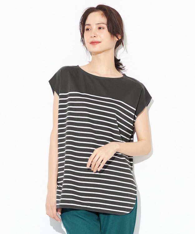 ANY 【接触冷感・UVケア】TCオーガビッツボーダー Tシャツ グレー×オフホワイト