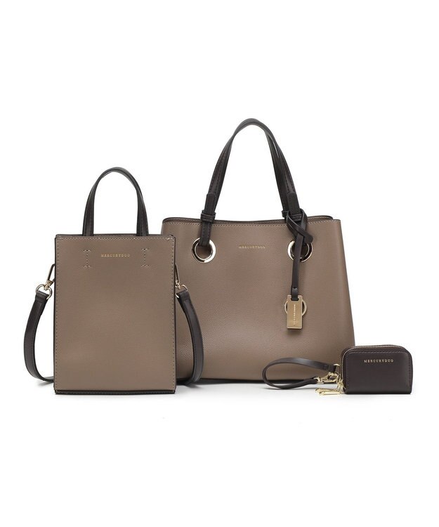 style code 【MERCURYDUO/マーキュリーデュオ】限定3点セット　①キーリング付両アオリハンドバッグ、②縦長ショルダーバッグパスポート入れ、③Wファスナースマートキーケース グレージュ