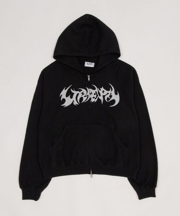WEGO 【ユニセックス着用ITEM】ワッフルグラフィックカットZIPパーカー ブラック