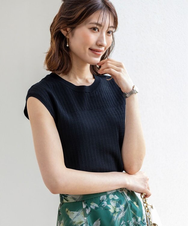 ANY SIS L 【洗える】レーシ－ディテールフレンチ ニット ブラック