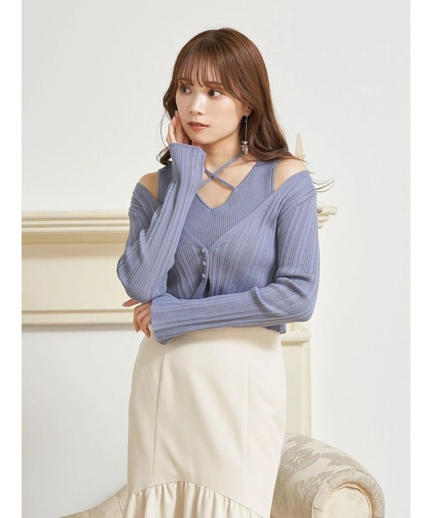 earth music&ecology ＳＥＴ２点ショートカーディガン＋レイヤードタンク Blue