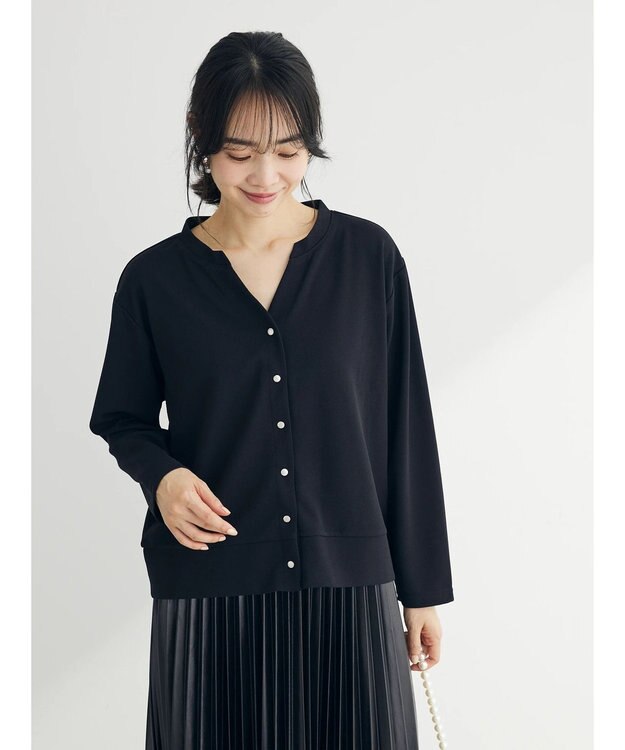 Green Parks カットジョーゼットドットボタンカーディガン Black