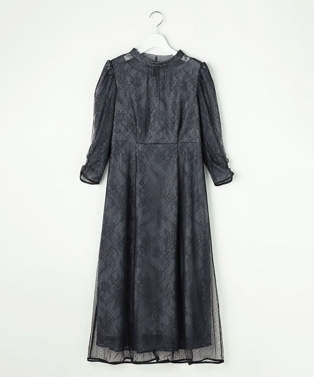 ANY SIS 【Lily Calin】バイカラードットチュール ドレス ブルーグレー×ブラックレース