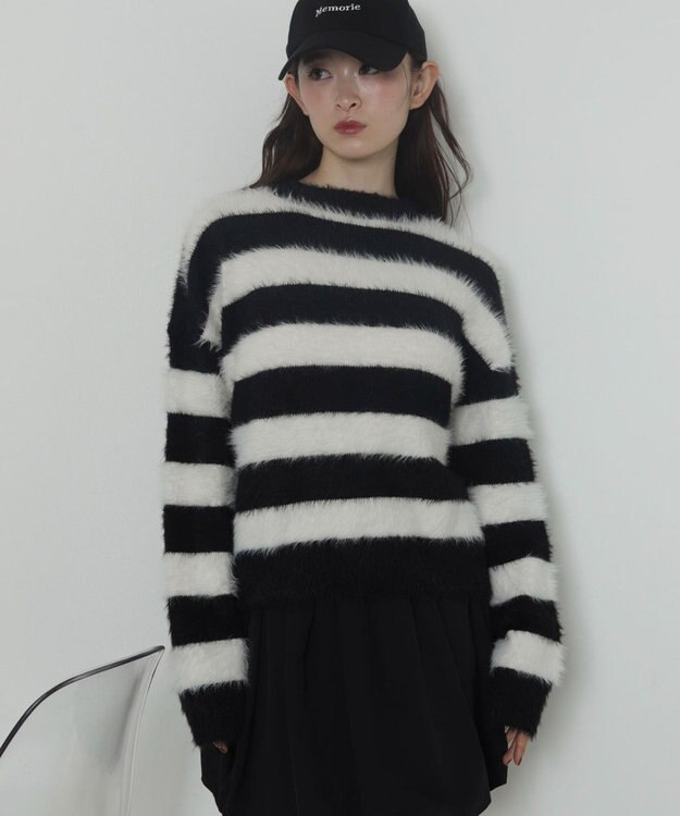 WEGO シャギーニットプルオーバー ホワイトボーダー