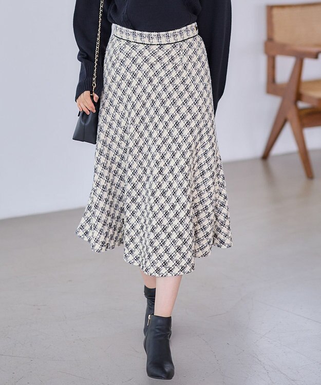 ANY SIS L パフィツイードミディ スカート アイボリー系