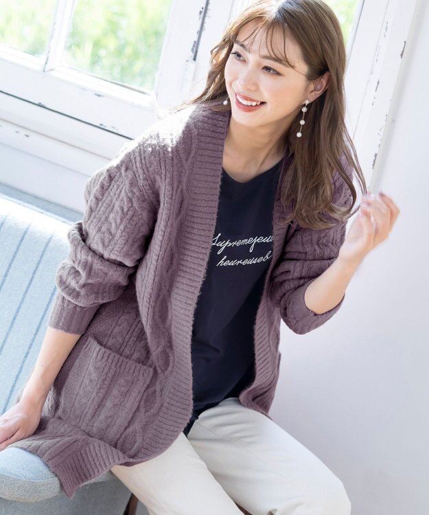 Tiaclasse 【洗える】大人華やかなアラン柄ニットカーディガン ラベンダー