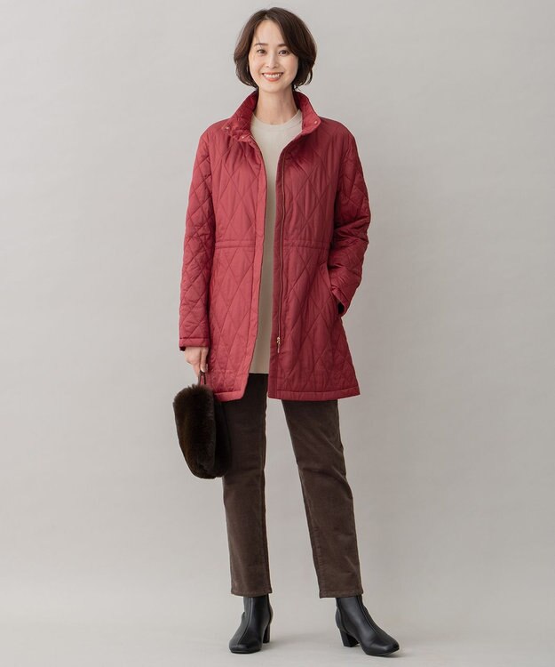 自由区 L 【洗える】ブライトキルト フード付きコート レッド系