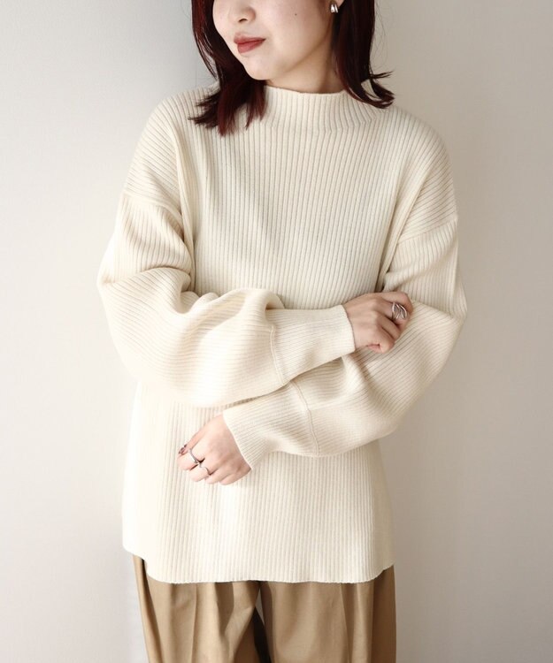 Green Parks 洗えるボトルネックリブニットプルオーバー Off White