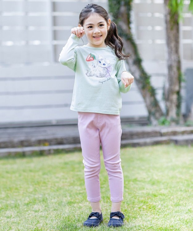 ANY KIDS アニマル×フルーツ 長袖 Tシャツ ライム×ネコ