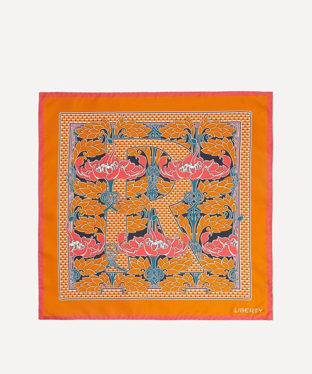 LIBERTY. アルファベット ピューター・ポピー R 45x45 シルク スカーフ マスタード