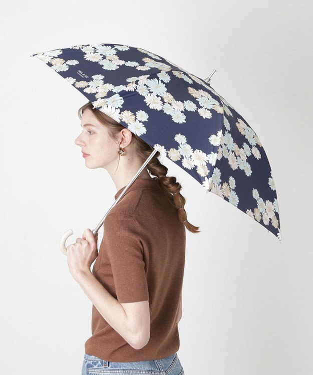 MOONBAT 【 遮光率100％/遮熱/UV】PAUL&JOE ACCESSOIRES(ポール&ジョー) 晴雨兼用日傘 クリザンテーム 総柄 花柄 長傘 ネイビーブルー