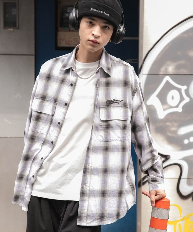 WEGO オンブレチェックグラフィックシャツ（LS） ホワイトチェック1