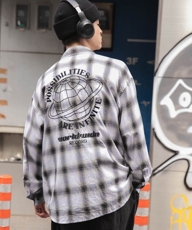 WEGO オンブレチェックグラフィックシャツ（LS） ホワイトチェック1