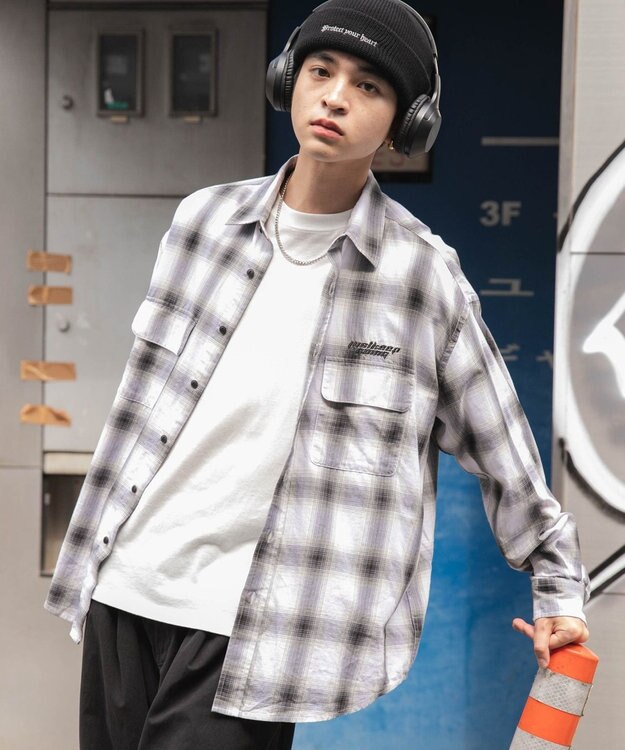 WEGO オンブレチェックグラフィックシャツ（LS） ホワイトチェック1