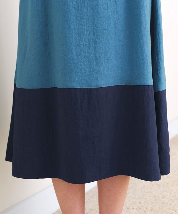 Tiaclasse 【洗える】 配色Aラインサックワンピース ターコイズ