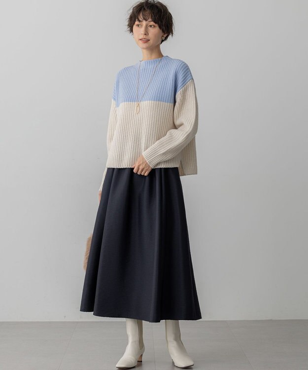 23区 S 【洗える】ウールカシミヤ カラーブロック バルキー ニット サックス×ベージュ