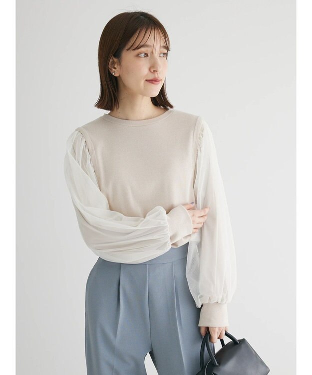Green Parks 袖チュールドッキングリブプルオーバー Light Beige