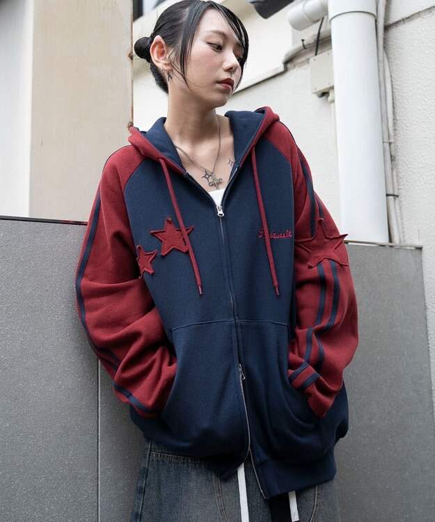 WEGO 【ユニセックス着用ITEM】ラインラグランZIPパーカー ネイビー