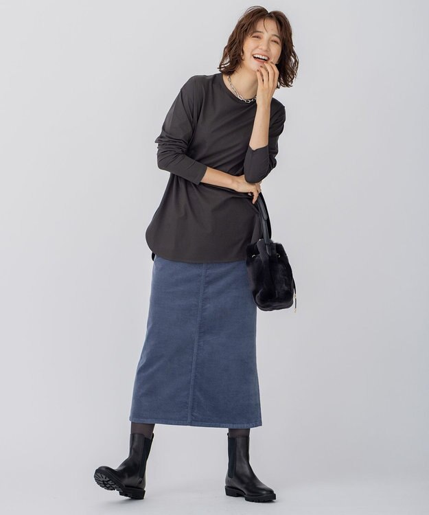 23区 【洗える】23区DENIM ベルベットストレッチ Aライン スカート ブルーグレー