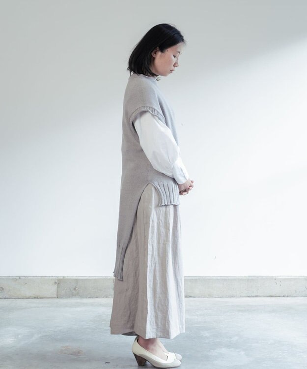 AND WOOL 〈上質な素材と手仕事から生まれた優しいニット〉オーガニックコットンロングベスト ライトグレー