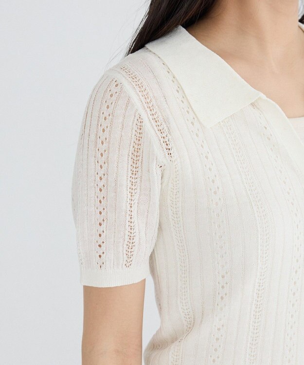 CRAFT STANDARD BOUTIQUE レースニット衿付き半袖カーディガン Off White