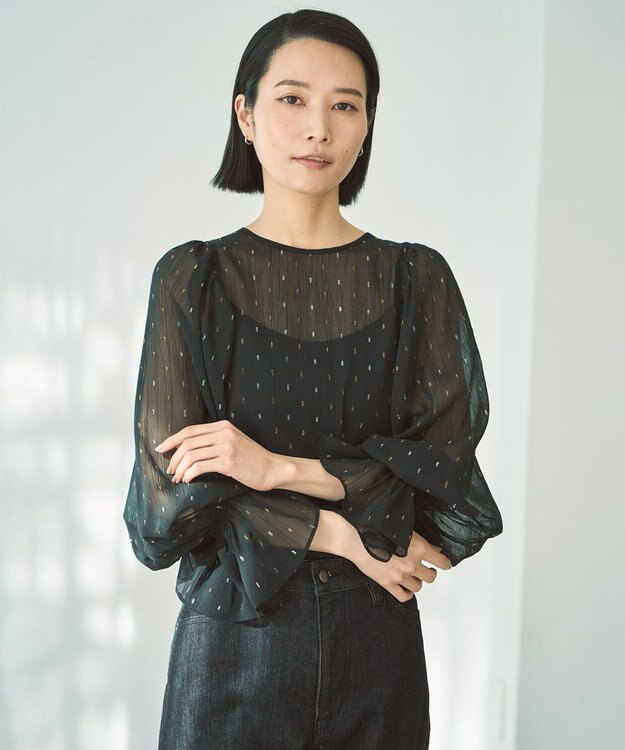 UNFILO ラメリンクルシフォン ブラウス ブラック