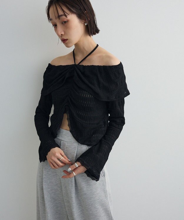 Green Parks シャーリングオフショルプルオーバー Black