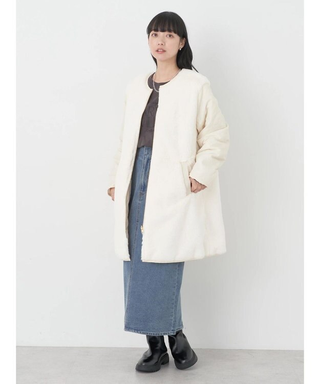earth music&ecology ファー＆キルティングリバーシブルコート Ivory
