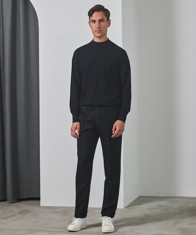 GOTAIRIKU 25年新作【洗える/チクチクしにくい/ピリングしにくい】イタリア糸 ハイゲージ カバーネックニット_WOOL100％ ネイビー系