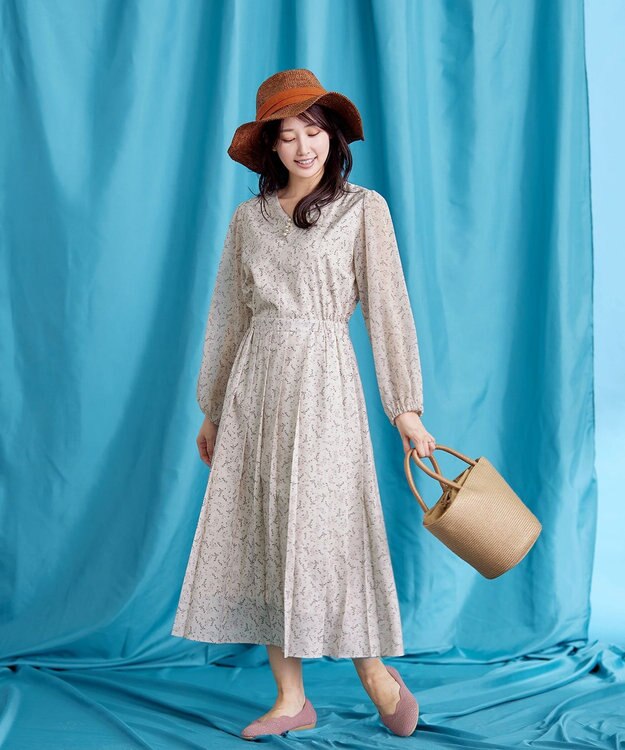 Tiaclasse 【洗える】花柄シフォン袖ワンピース アイボリー