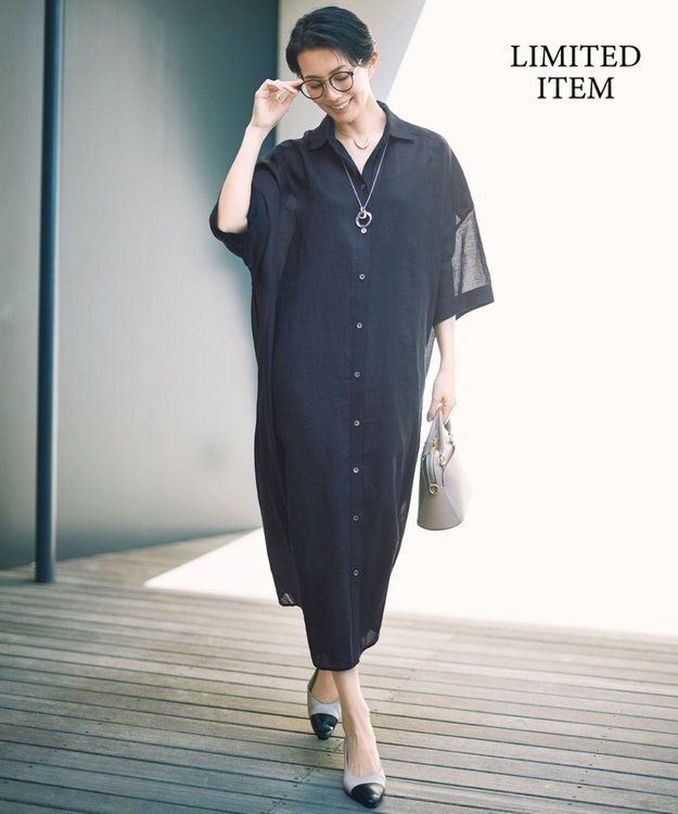 自由区 【カタログ掲載・WEB限定・接触冷感・洗える】シアーラミーローンシャツ ワンピース セピア