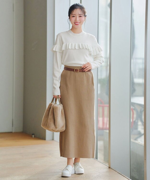 Tiaclasse L モックネックフリルニットトップス オフホワイト