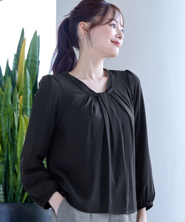 Tiaclasse 【スマート裏起毛】 ボウタイ風ブラウス ブラック