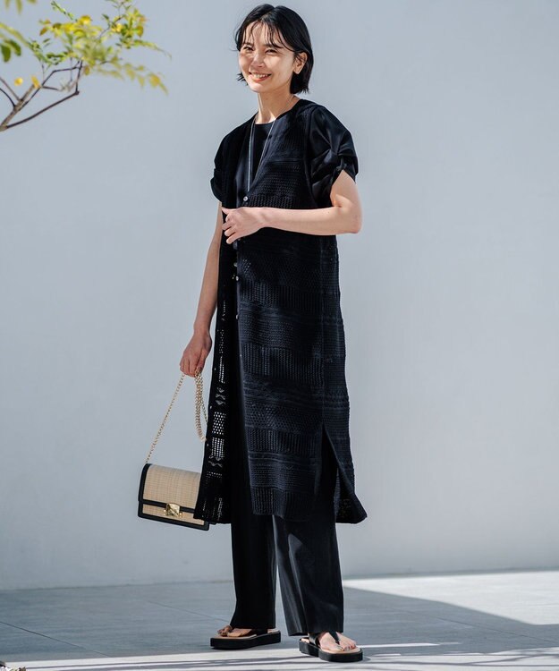 23区 L レーシーパターン ロングジレ ニット ブラック系