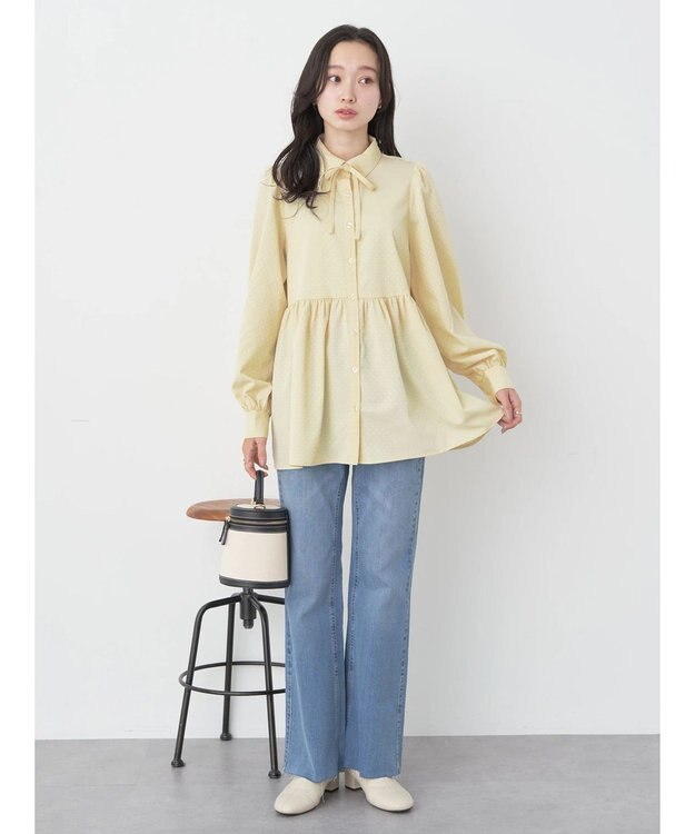 earth music&ecology リボン付き切り替えギャザーシャツチュニック Yellow