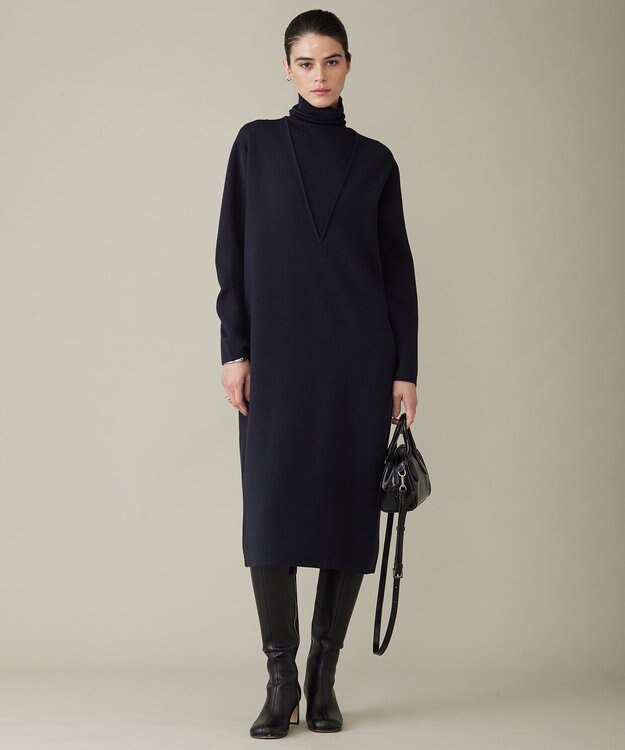 ICB 【WEB限定カラーあり】ウールブレンドスムース レイヤードデザインワンピース ネイビー系