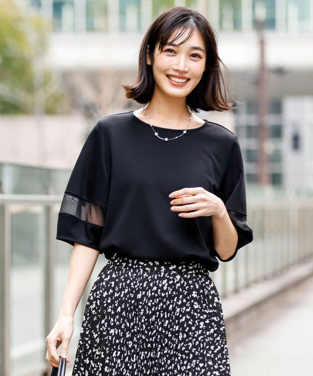 ANY SIS チュール切替ランタンスリーブ プルオーバー ブラック