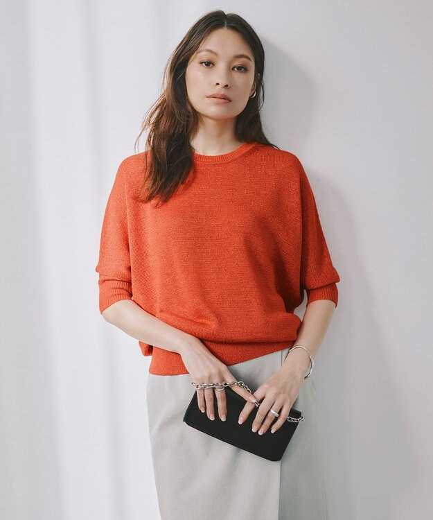 ICB L 【WEB限定カラーあり・洗える】ペーパーブレンドシャインニット 五分袖プルオーバー カーマイン系