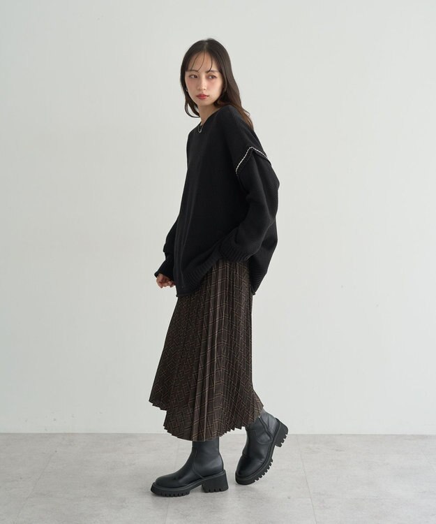 earth music&ecology 【洗濯機洗い可 / 選べる丈】アンチピリングC/A選べる丈配色ニット ブラック