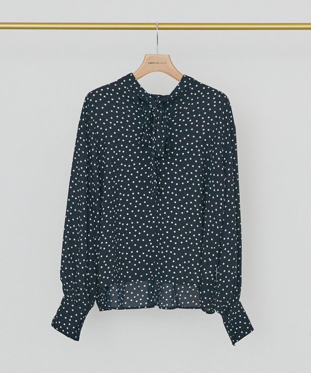 AMERICAN HOLIC 【イージーケア】ドット柄ボウタイブラウス Navy
