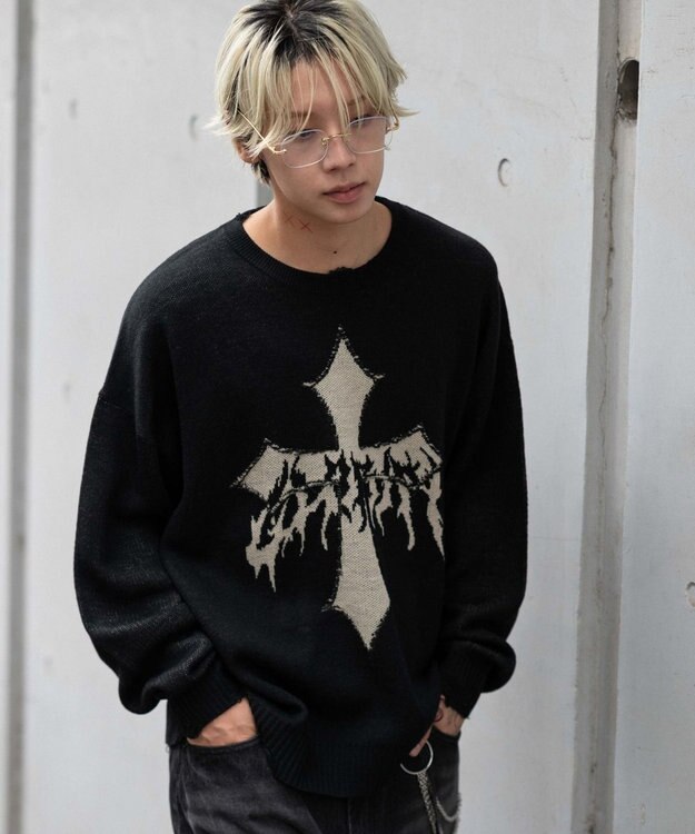 WEGO ダメージジャガードプルオーバー ブラック