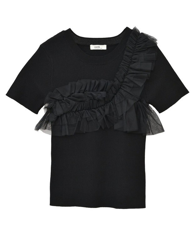 earth music&ecology アシメチュールフリルニットプルオーバー Black