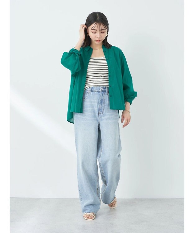 earth music&ecology コットンボイルギャザーシャツ Green